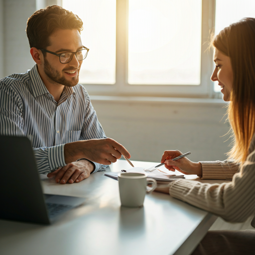 Two people sitting across from each other in a sunlit office, smiling and pointing at a notepad during a friendly consultation.